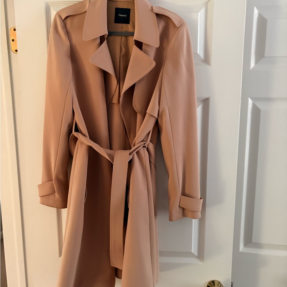 Theory Tan Trench Coat with Belted Waist and Lapel Collar